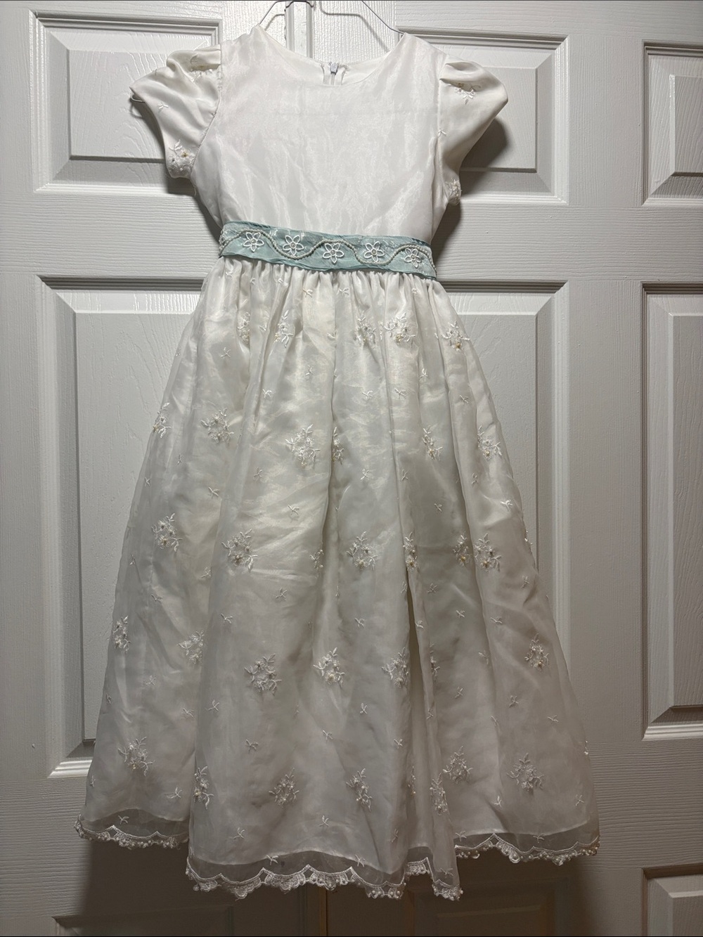 Ivory Floral Embroidered Party Dress with Light Blue Sash for Girls